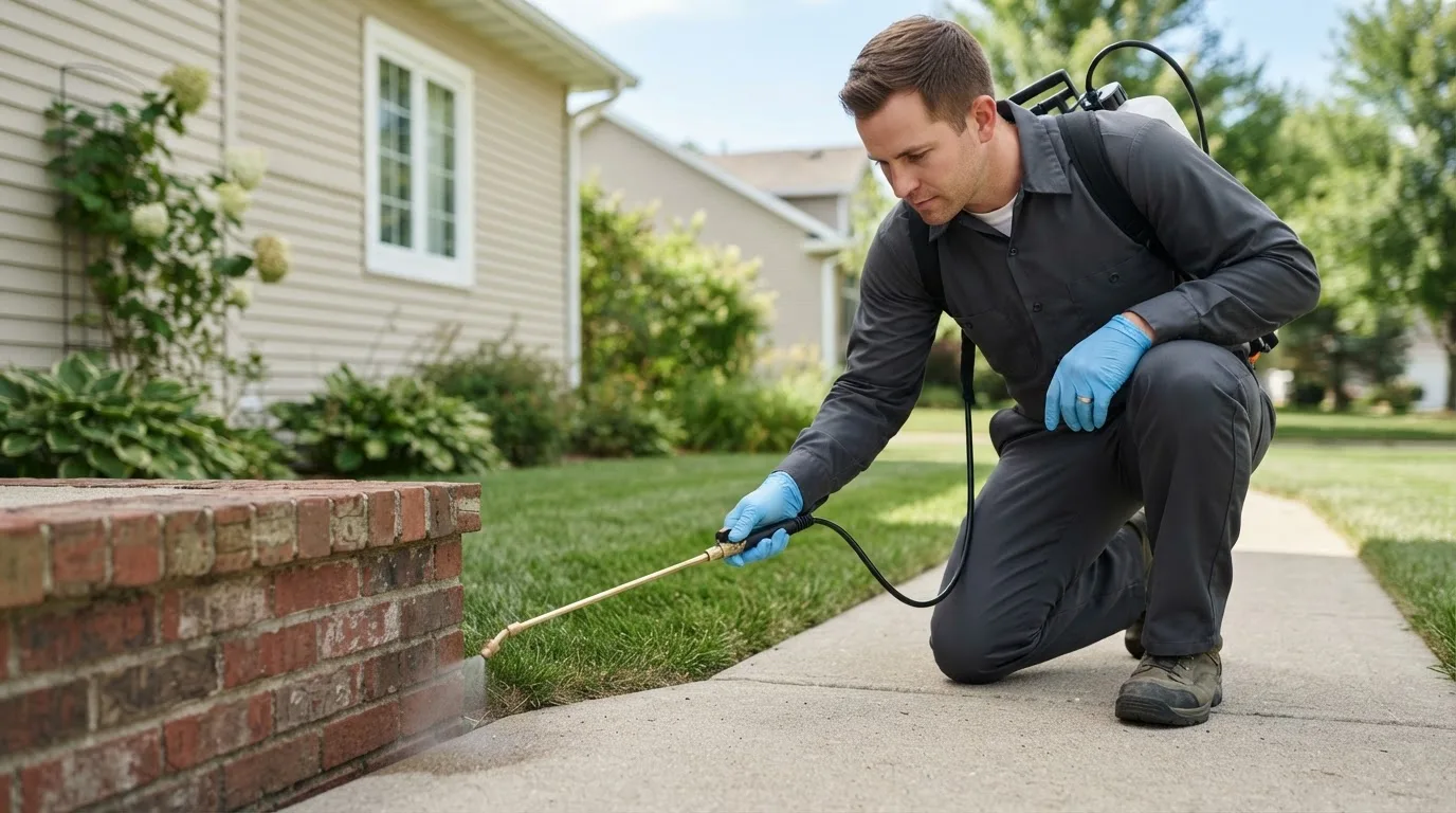 Pest control technician treating a home near Hollister, FL