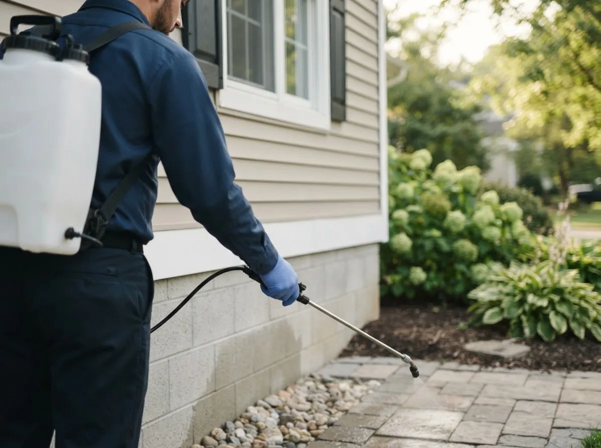 Pest control technician inspecting a home in Hollister, FL